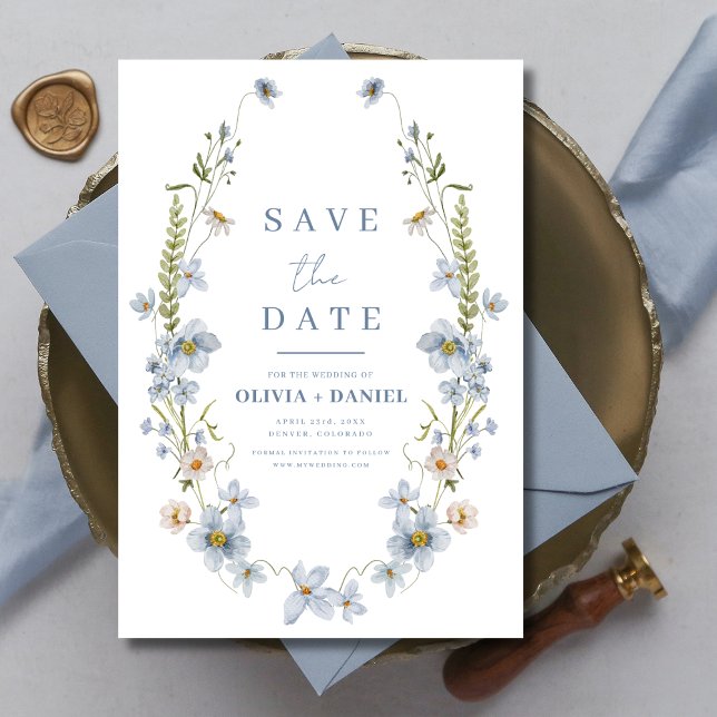 Save The Date Fleur sauvage Dusty Blue Boho Enregistrer la date (Créateur téléchargé)