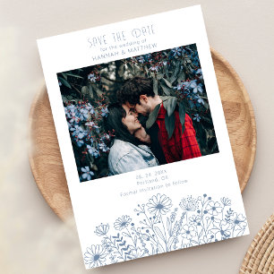 Save The Date Fleur sauvage Elegant Boho Dusty Blue Photo Mariag