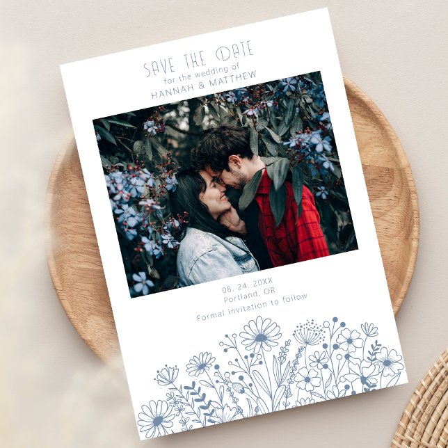 Save The Date Fleur sauvage Elegant Boho Dusty Blue Photo Mariag (Créateur téléchargé)