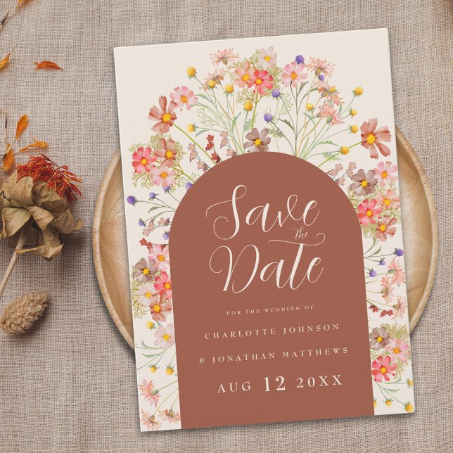 Save The Date Fleur sauvage floral Arch Rustique Boho Mariage de (Boho fall rustic wildflower floral arch wedding save the date invitation Burnt orange and beige)