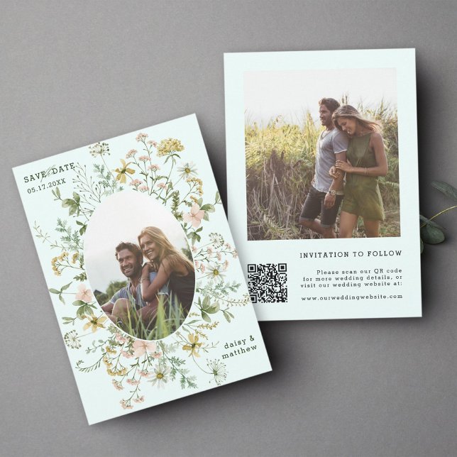 Save The Date Fleur sauvage Frame 2 Photo Mariage QR Code Mint (Créateur téléchargé)