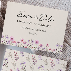 Save The Date Fleur sauvage moderne Beige Mariage plat