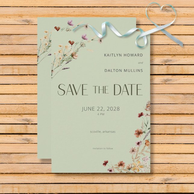 Save The Date Fleur sauvage moderne Sage Vert Mariage (Modern Sage Green Wildflower Bouquet Wedding Save the Date Card)