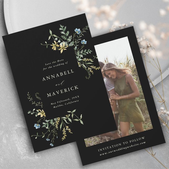 Save The Date Fleur sauvage noir Delicate Boho Mariage Photo (Front & Back)