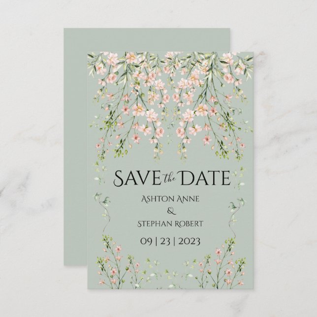 Save The Date Fleur sauvage rose bleu Sage Mariage vert (Devant / Derrière)