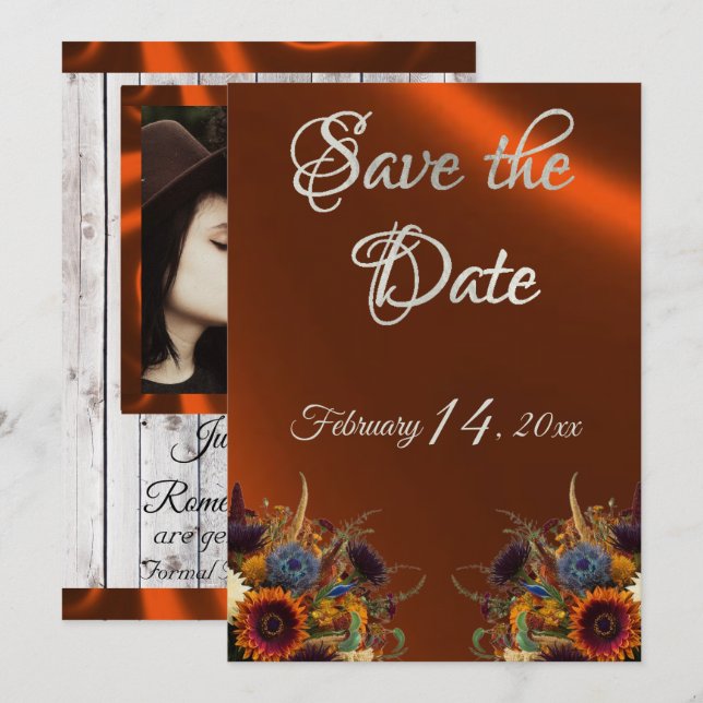 Save The Date Fleur sauvage, ruban et photo - Cuivre (Devant / Derrière)