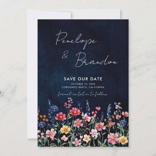 Save The Date Fleur sauvage Rustique Pays Boho Floral Navy Photo (Devant)