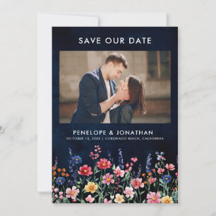 Save The Date Fleur sauvage Rustique Pays Boho Floral Navy Photo
