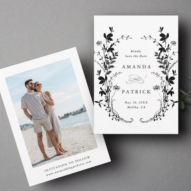 Save The Date Fleur sauvage Silhouette Mariage photo noir et bla (Front & Back)