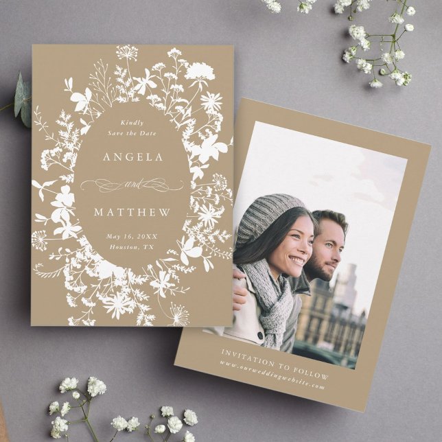 Save The Date Fleur sauvage Silhouette Mariage Tan Photo (Créateur téléchargé)