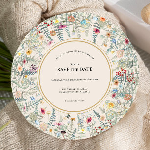 Save The Date Fleur sauvage vintage Fern Mariage beige ronde