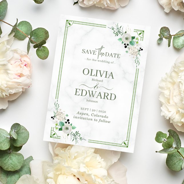 Save The Date Fleurs à l'aquarelle verte avec mariage au marbre (Créateur téléchargé)