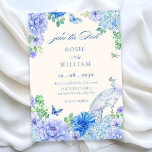 Save The Date Fleurs aquarelle bleue floraison paon mariage