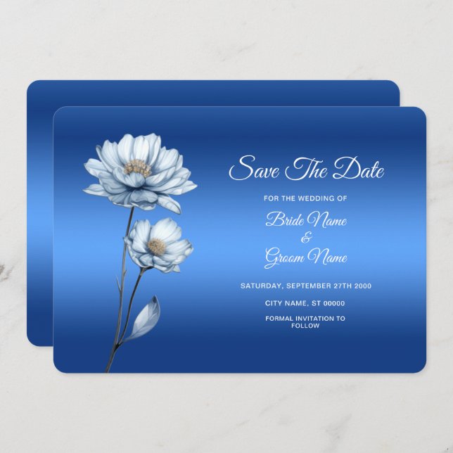 Save The Date Fleurs Aquarelles Bleues Enregistrer La Date (Devant / Derrière)