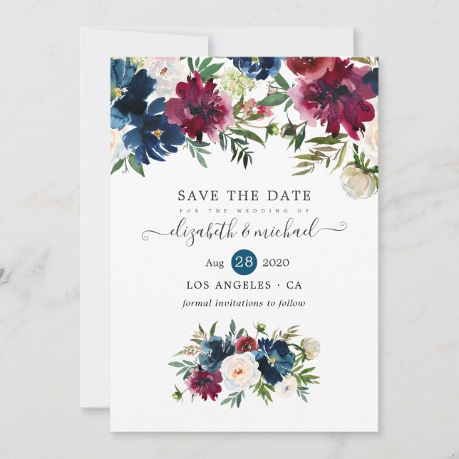 Save The Date Fleurs aquarelles Bordo et Navy (Devant)