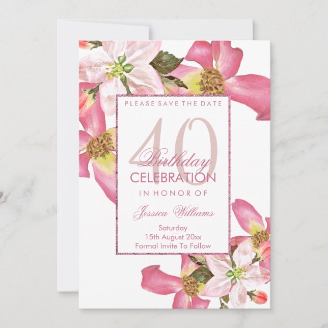 Save The Date Fleurs aquarelles exotiques 40e fête d'anniversair (Devant)
