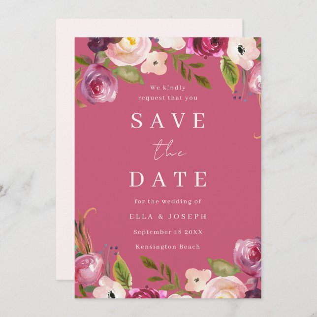 Save The Date Fleurs aquarelles roses mariage vibrant (Devant / Derrière)