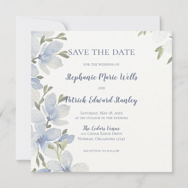 Save The Date Fleurs aquarelles texturées en bleu et vert (Devant)