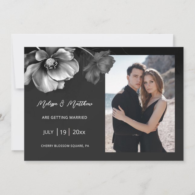 Save The Date Fleurs Argentées Mariage Noir (Devant)