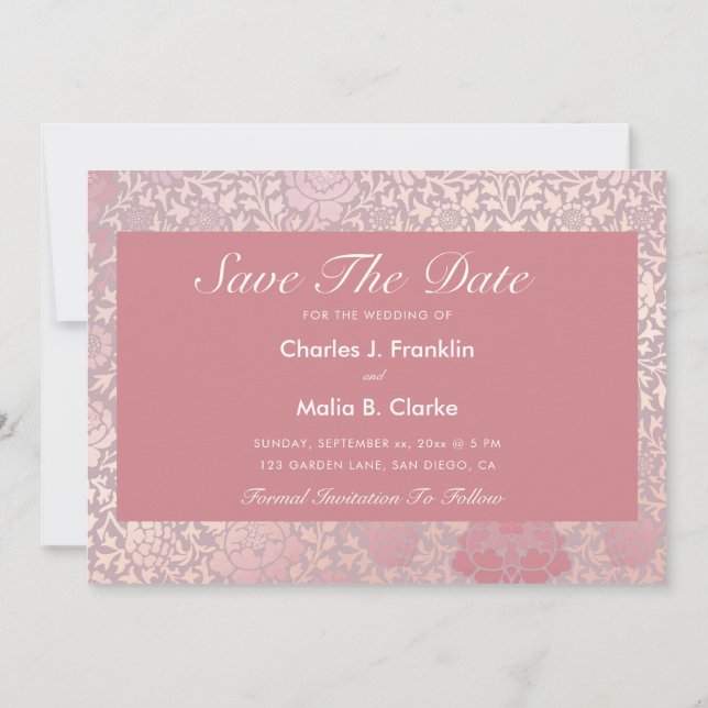 Save The Date Fleurs argentées rose pastel vintage  (Dos)
