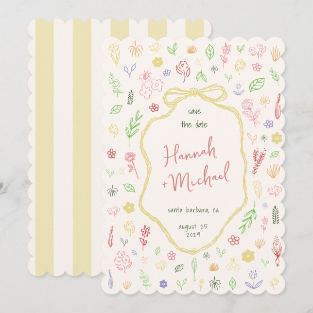 Save The Date Fleurs au pastel dessinées à la main Mariage de pr (Devant / Derrière)