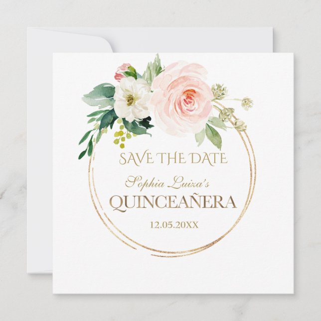 Save The Date Fleurs blanches brillantes et délicates Gold Quinc (Devant)