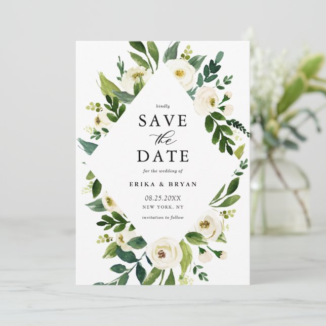 Save The Date Fleurs blanches de printemps à l'aquarelle encadré (Debout devant)
