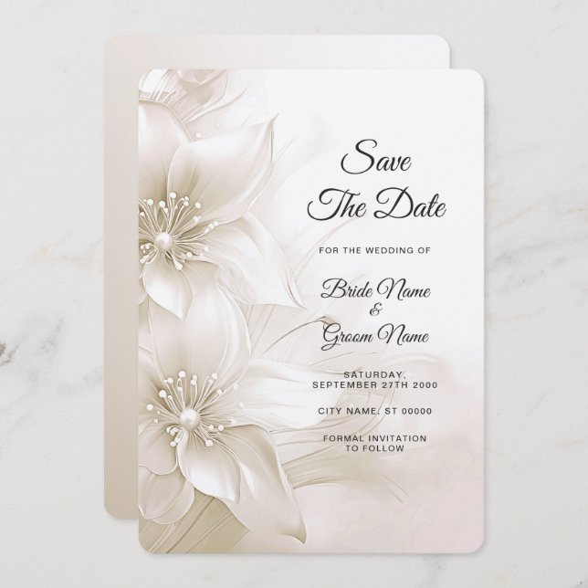 Save The Date Fleurs blanches D'Ivoire Élégantes Enregistrer La  (Devant / Derrière)
