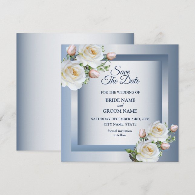 Save The Date Fleurs blanches Élégant Bleu Gris (Devant / Derrière)