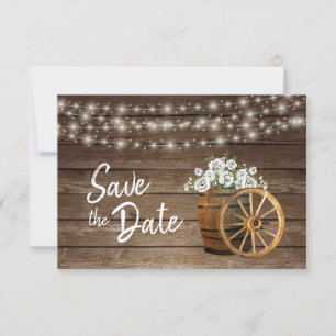 Save The Date Fleurs blanches en tonneau de bois rustique - Enre