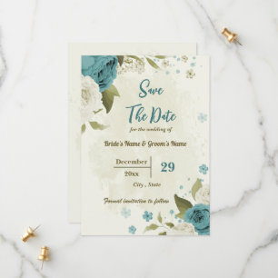 Save The Date fleurs blanches et bleues mariage botanique