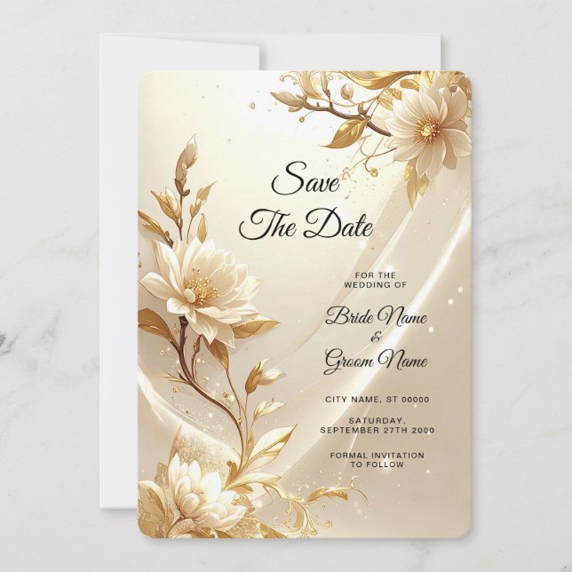 Save The Date Fleurs blanches et dorées Enregistrez la date (Devant)