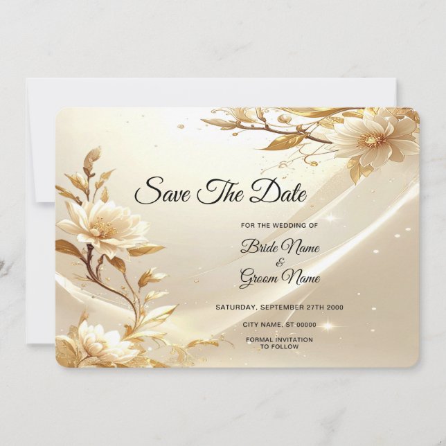 Save The Date Fleurs blanches et dorées Enregistrez la date (Devant)