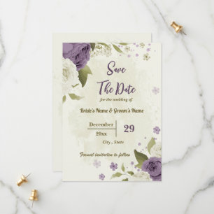 Save The Date fleurs blanches et mauves mariage botanique