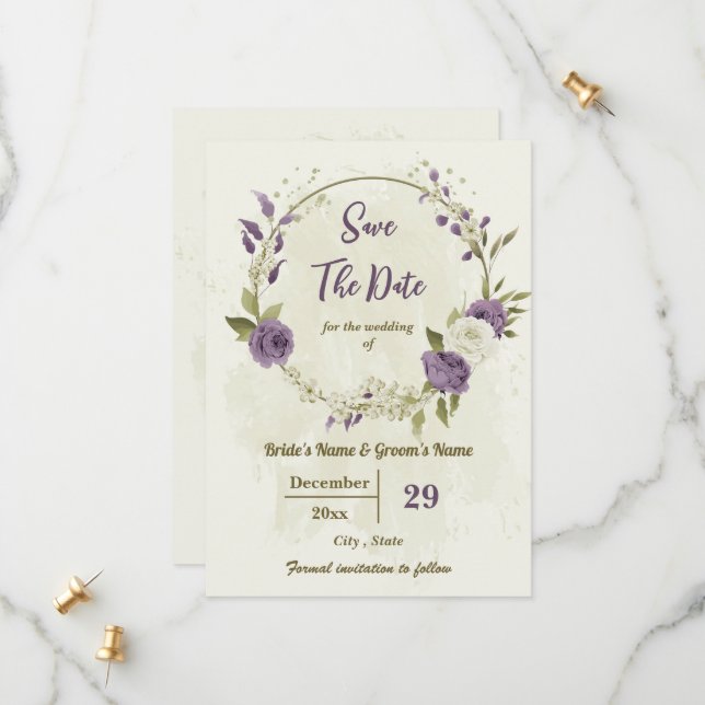 Save The Date fleurs blanches et mauves mariage botanique (Devant/Arrière en situation)