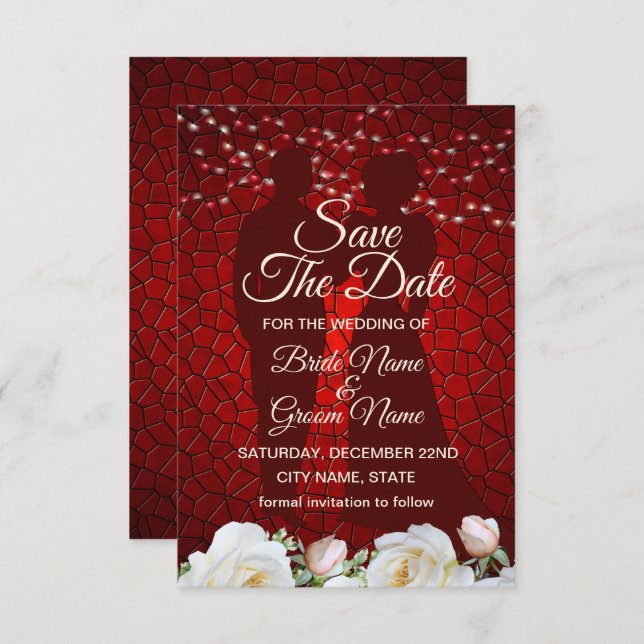 Save The Date Fleurs blanches Mariages rouges modernes (Devant / Derrière)
