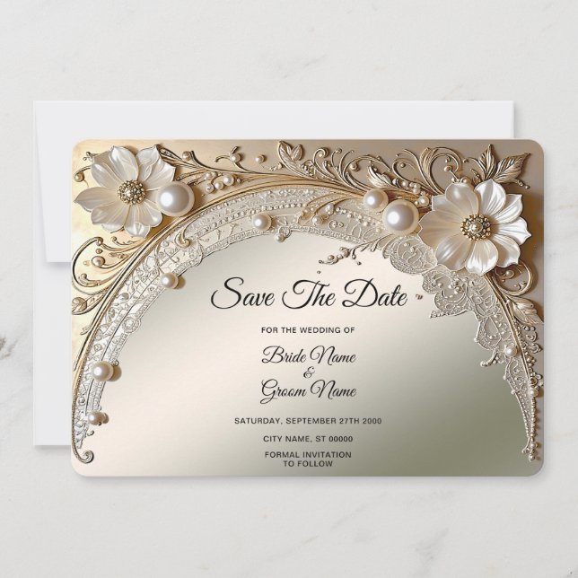 Save The Date Fleurs Blanches Modernes Perles Enregistrez La Dat (Devant)