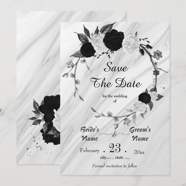 Save The Date fleurs blanches noires gris feuille couronne botan (Devant / Derrière)