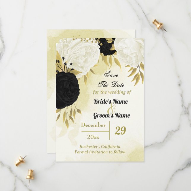 Save The Date fleurs blanches noires or feuilles (Devant/Arrière en situation)