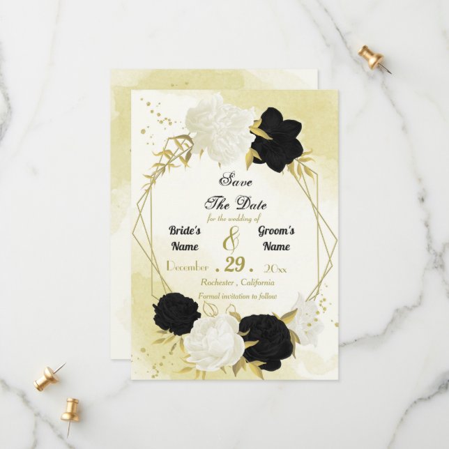 Save The Date fleurs blanches noires or feuilles (Devant/Arrière en situation)