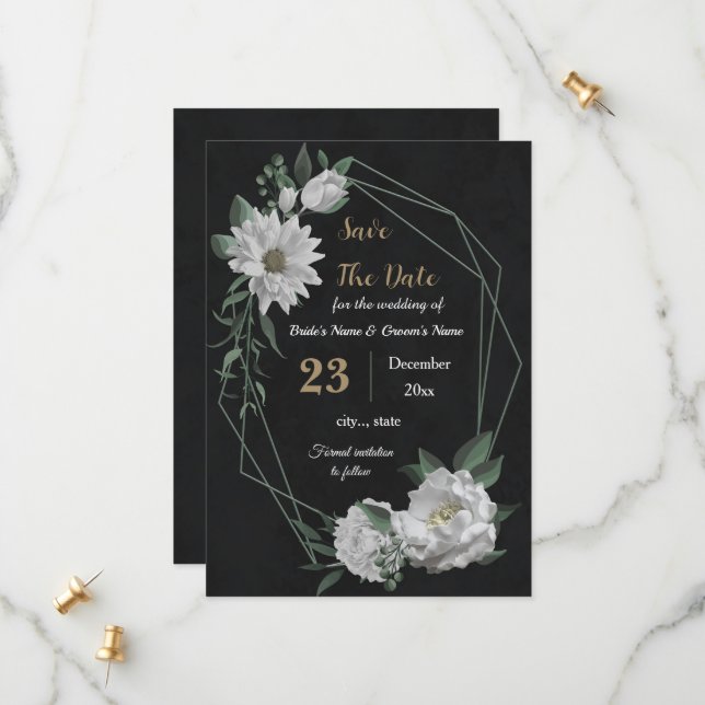 Save The Date fleurs blanches romantiques botaniques noires (Devant/Arrière en situation)