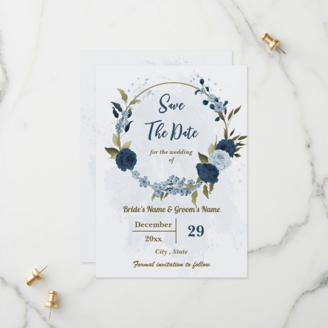 Save The Date fleurs bleu clair et bleu marine mariage botanique (Devant/Arrière en situation)