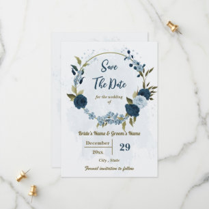 Save The Date fleurs bleu clair et bleu marine mariage botanique
