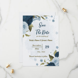 Save The Date fleurs bleu clair et bleu marine mariage botanique