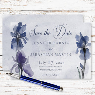 Save The Date Fleurs bleu Iris Bleu Mariage moderne