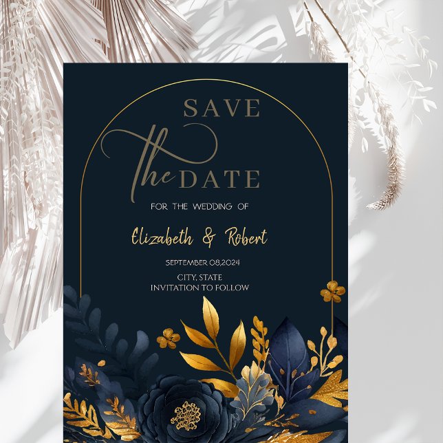 Save The Date Fleurs Bleu Marine Feuilles Dorées À Plat Enregist (Créateur téléchargé)