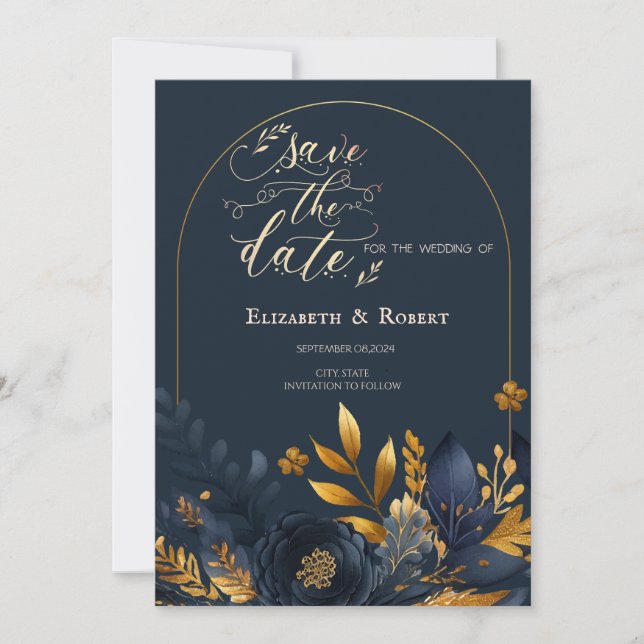 Save The Date Fleurs Bleu Marine Feuilles Dorées Annonce de Date (Devant)
