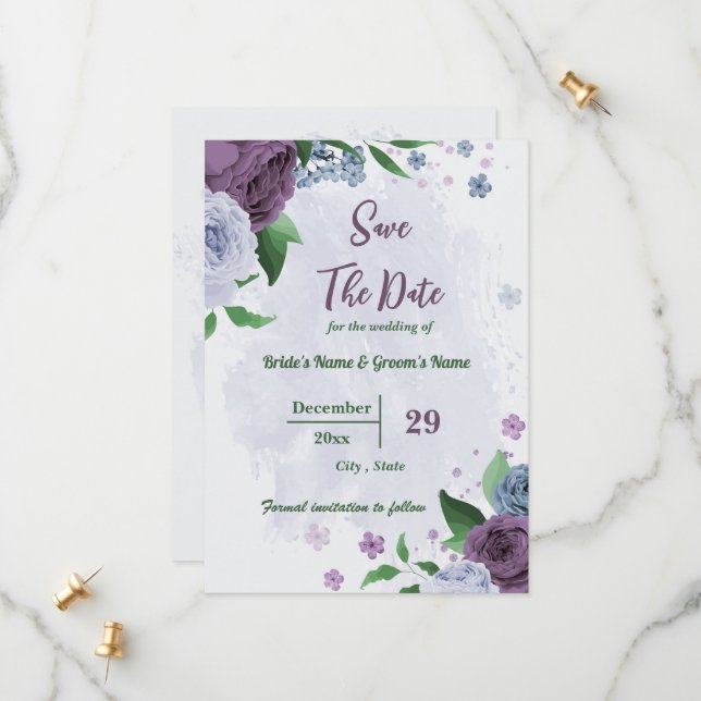 Save The Date Fleurs bleu pourpre vert feuille mariage (Devant/Arrière en situation)