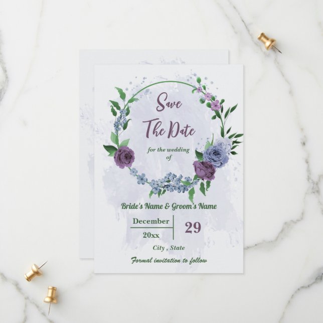 Save The Date Fleurs bleu pourpre vert feuille mariage (Devant/Arrière en situation)