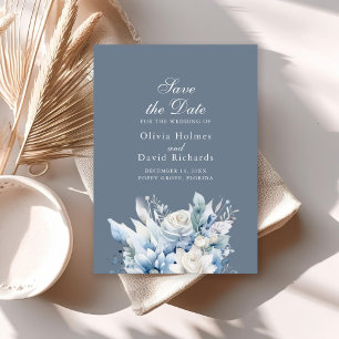 Save The Date Fleurs Bleu Poussiéreux Économisez la Date Élégant